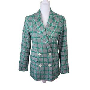 Topshop Green Black White Plaid Blazer Double Breasted Jacket Women's Size 2